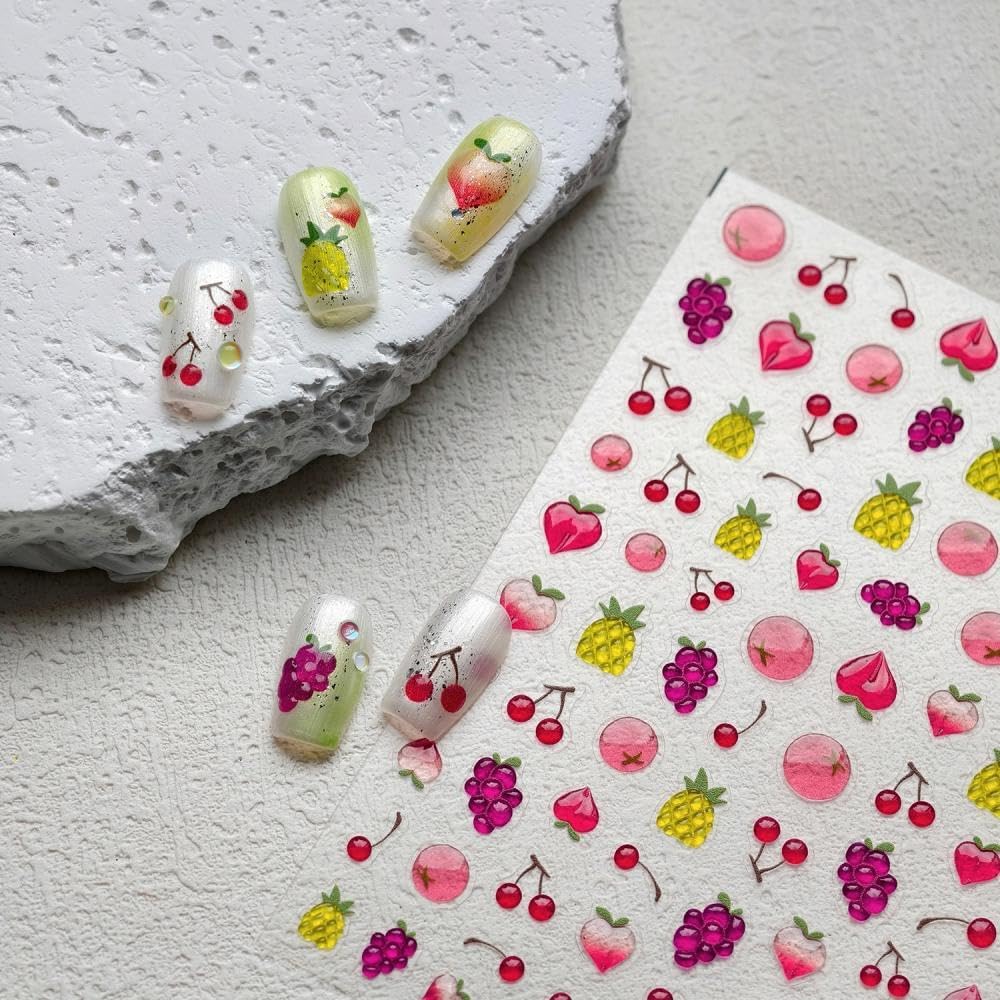 5D Embossed Fruit Nail Stickers Purple Grapes Nail Designs 3D Self-Adhesive Pineapple Lemon Nail Decals Summer Red Cherry Nail Art Decoration for Women Girls DIY Manicure 2 Sheets