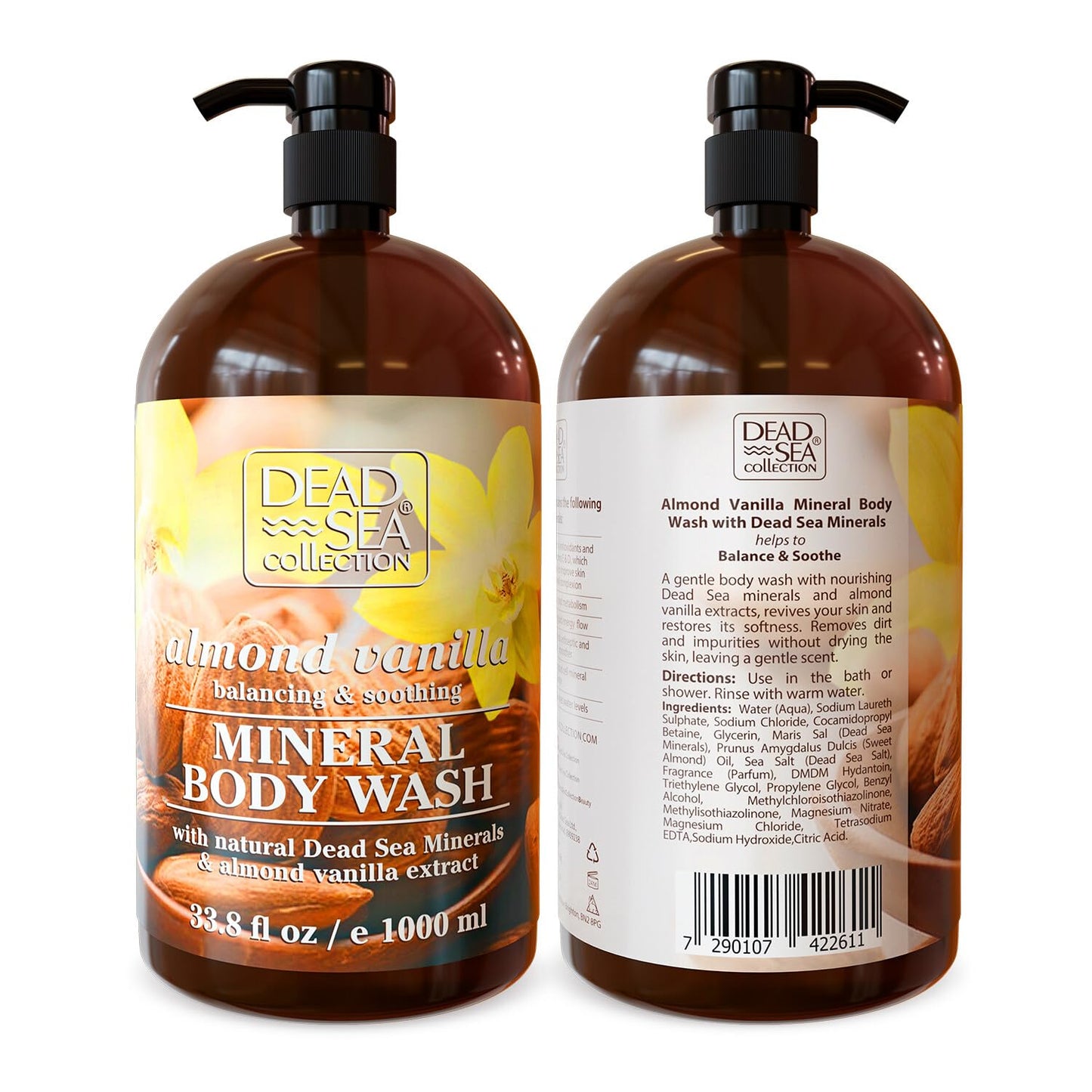 Dead Sea Collection Almond Vanilla Body Wash for Women and Men - with Pure Dead Sea Minerals and Sweet Almond Oil - Cleanses and Moisturizes Skin (33.8 fl. oz)