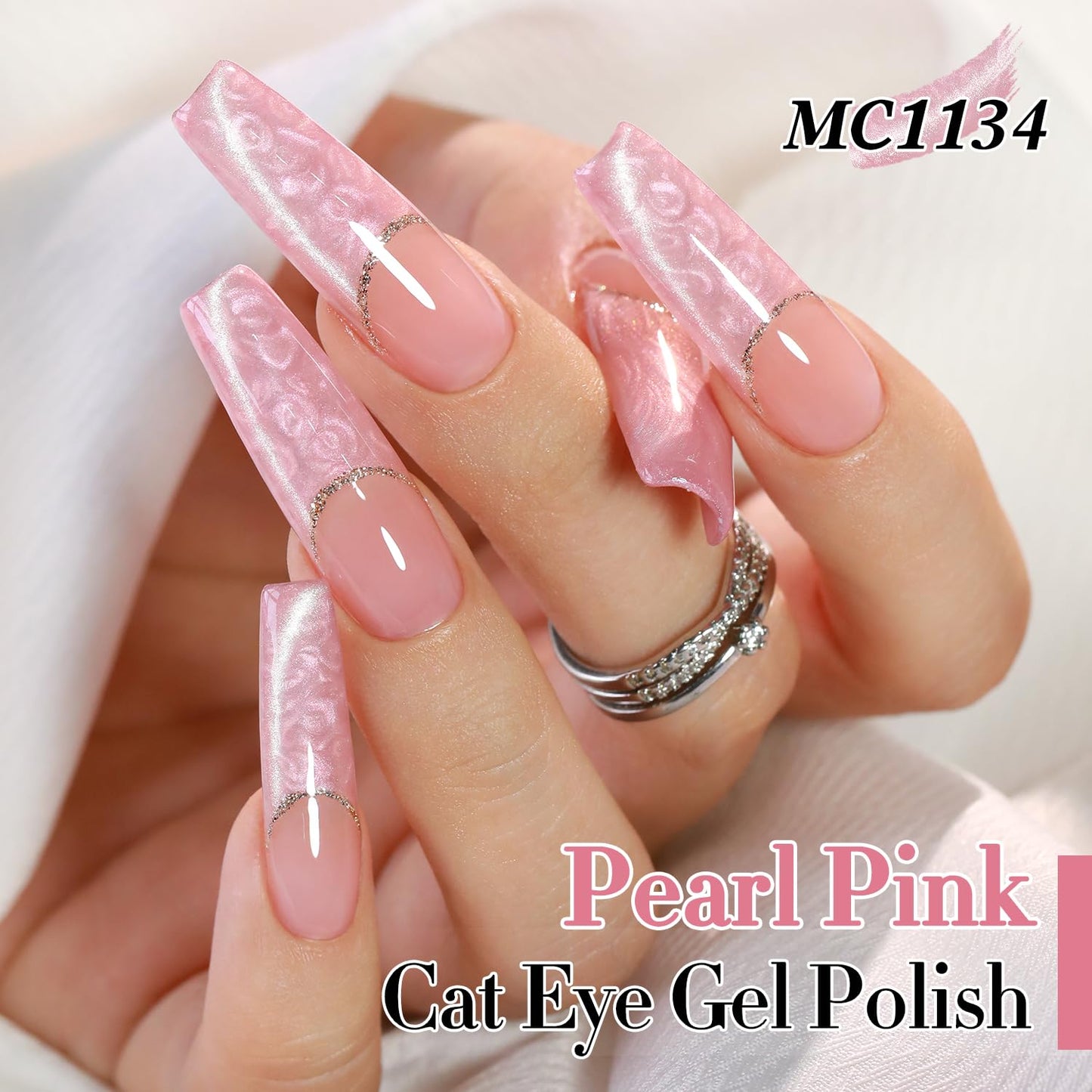 Double Rhythm 15ML Ice Glass Cat Eye Gel Polish with Magnet Holographic Glitter Shimmer Translucent Sheer Color Salon Soak Off Magnetic Nail at Home (Mermaid Pink-MC1134)