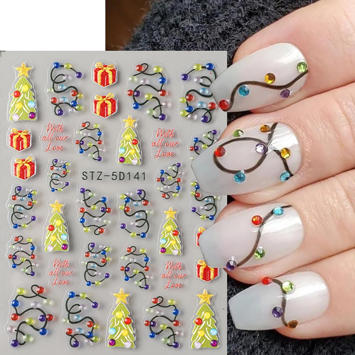 Christmas Nail Art Stickers 5D Self -Adhesive Relief Three-Dimensional Light String Nail Decals Holographic Christmas Tree Gift Nail Stickers Festival Nail Decoration for Women Manicure Supplies