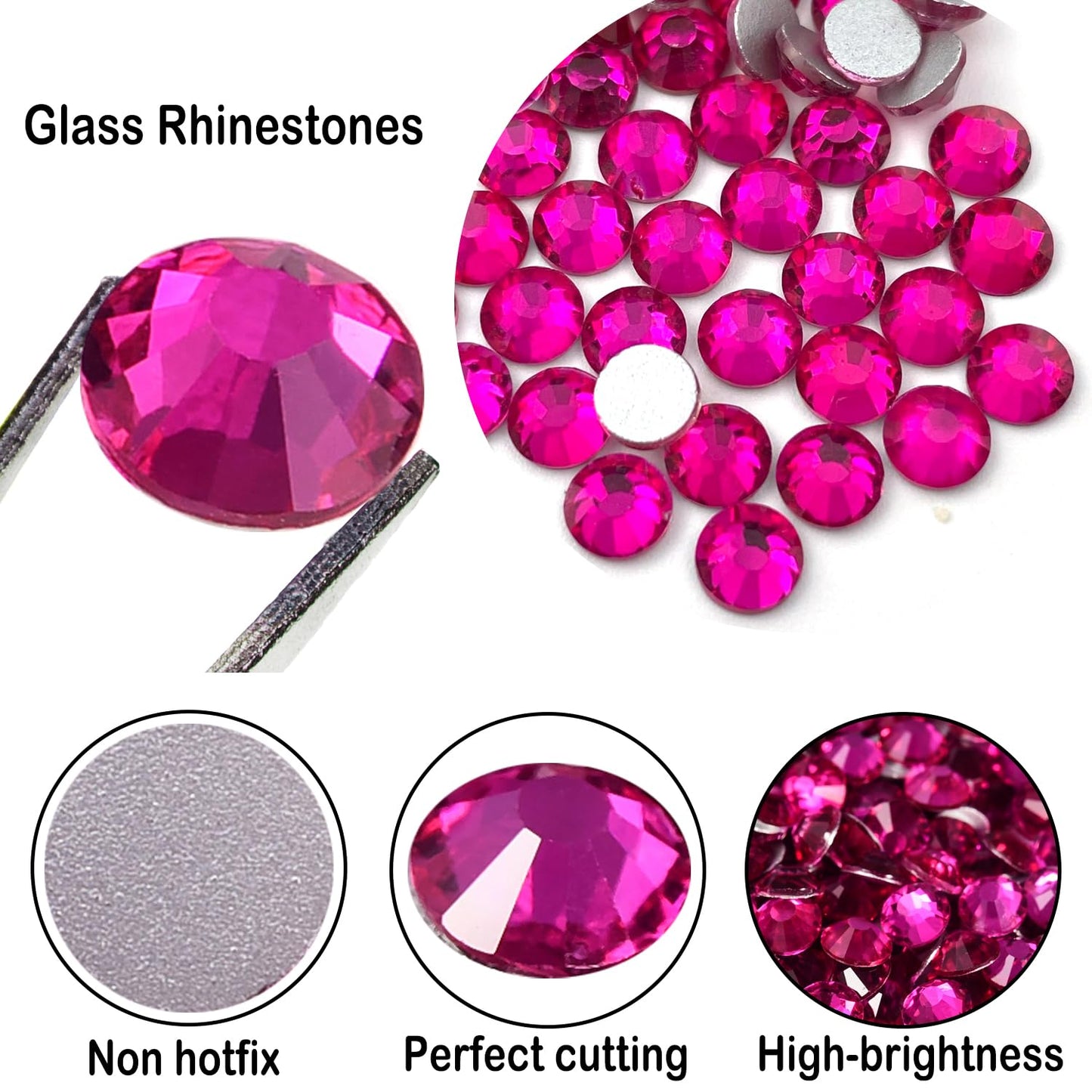Flatback Glass Rhinestones,Bedazzler Gems 1440pcs Non Hot fix Rhinestones for Nail Charms Crafts Clothes Tumblers,Hot Pink,SS10