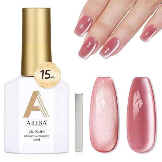 AILLSA Glass Cat Eye Gel Nail Polish, 15ml Pink Glitter Jelly Sheer Gel Polish, Translucent Magnetic Shimmer Sparkle Nail Art U V Salon 0.5 OZ GF35