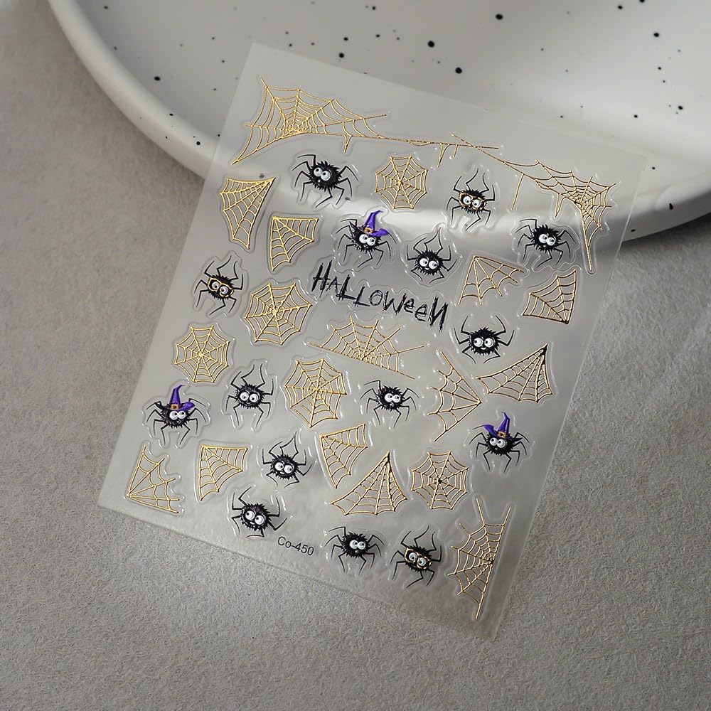 Halloween Nails Stickers Black Spider with Hat Nails Sticker 3D Embossed Gold Web Self Adhesive Sticker Nail Decals Funny Spiders Nail Art Decal Halloween Decals for Nail DIY Manicure 1Sheet