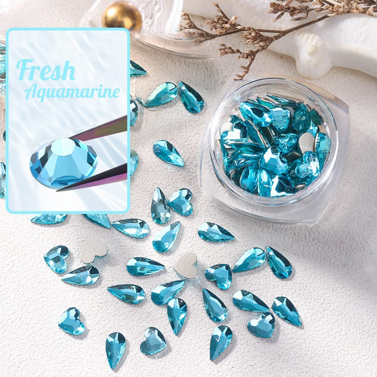 Aquamarine Rhinestones for Nails Lake Blue Nail Rhinestones Multi Shapes Flatback Water Blue Crystals Gems K9 Glass Stones Diamonds jewels Nail Art Supplies Nail Charms for Nails Faces Makeup