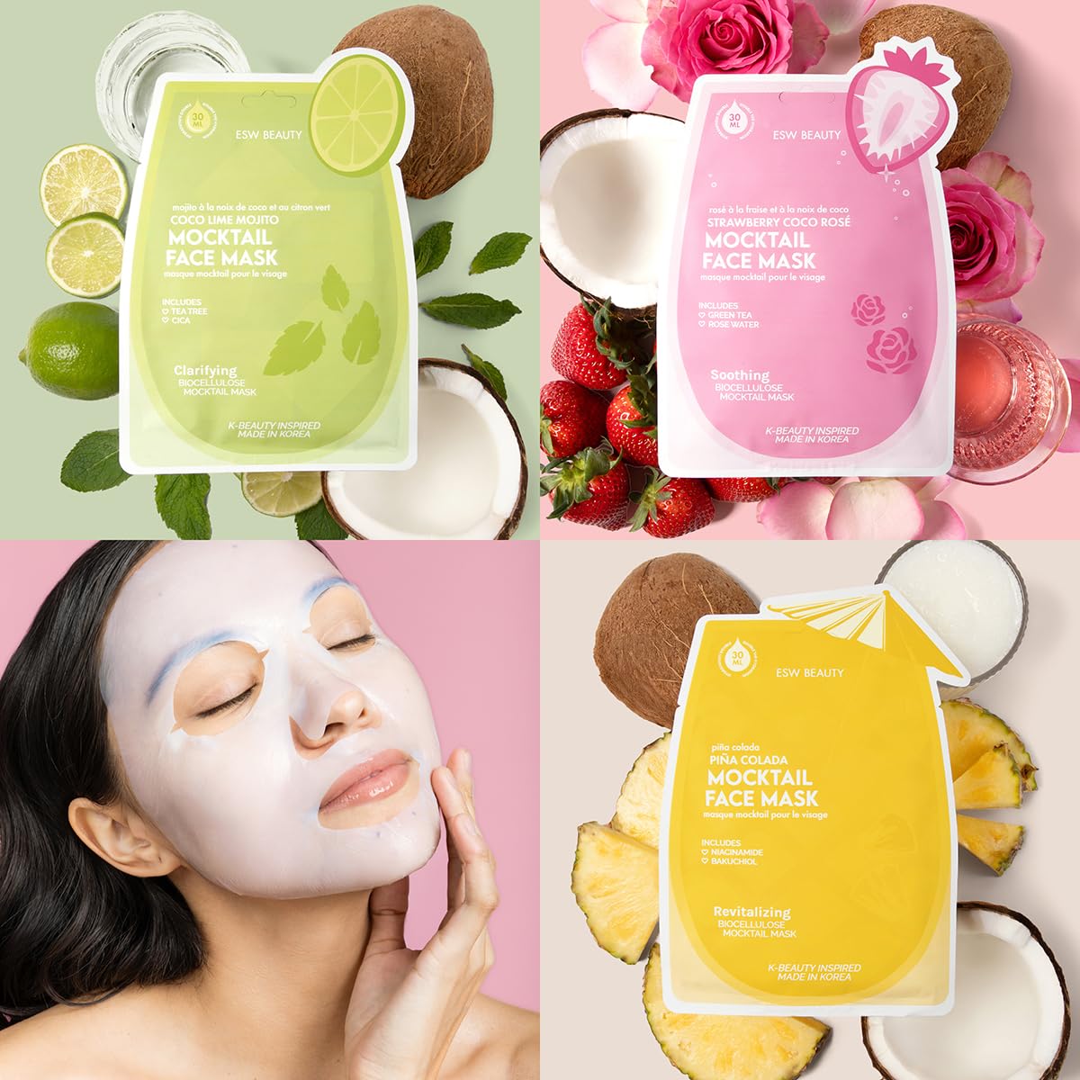 ESW Beauty Mocktail Face Mask Set - 3-Pack Vegan Face Masks for Hydrating, Revitalizing & Calming Skin - Includes Coco Lime Mojito, Strawberry Coco Rosé & Piña Colada Biocellulose Masks