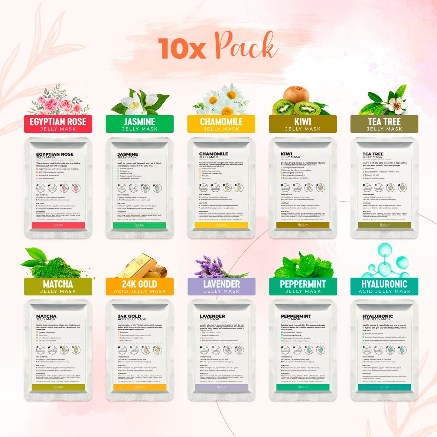 Peel-Off Jelly Mask Premium Modeling "Rubber Mask" Spa Set - 10 Treatments (24k Gold, Lavender, Kiwi, Peppermint, Egyptian Rose, Matcha, Chamomile, Tea tree, Jazmine)