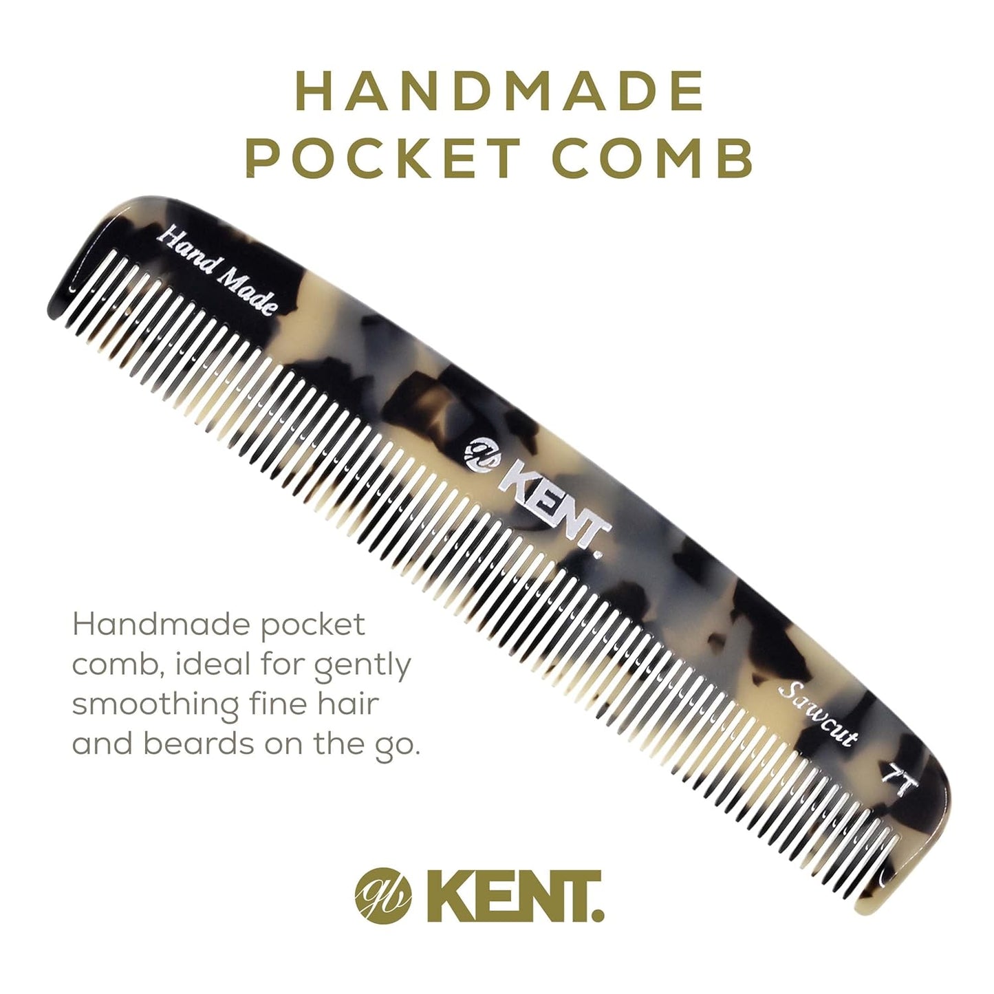 Kent 7T TW All Fine Tooth Pocket Comb for Men - Handmade Hair Comb for Men Grooming and Styling - Travel Comb for Hair Care, Mustache and Beard Care, Use Dry or with Balms, Saw Cut for Wet or Dry.