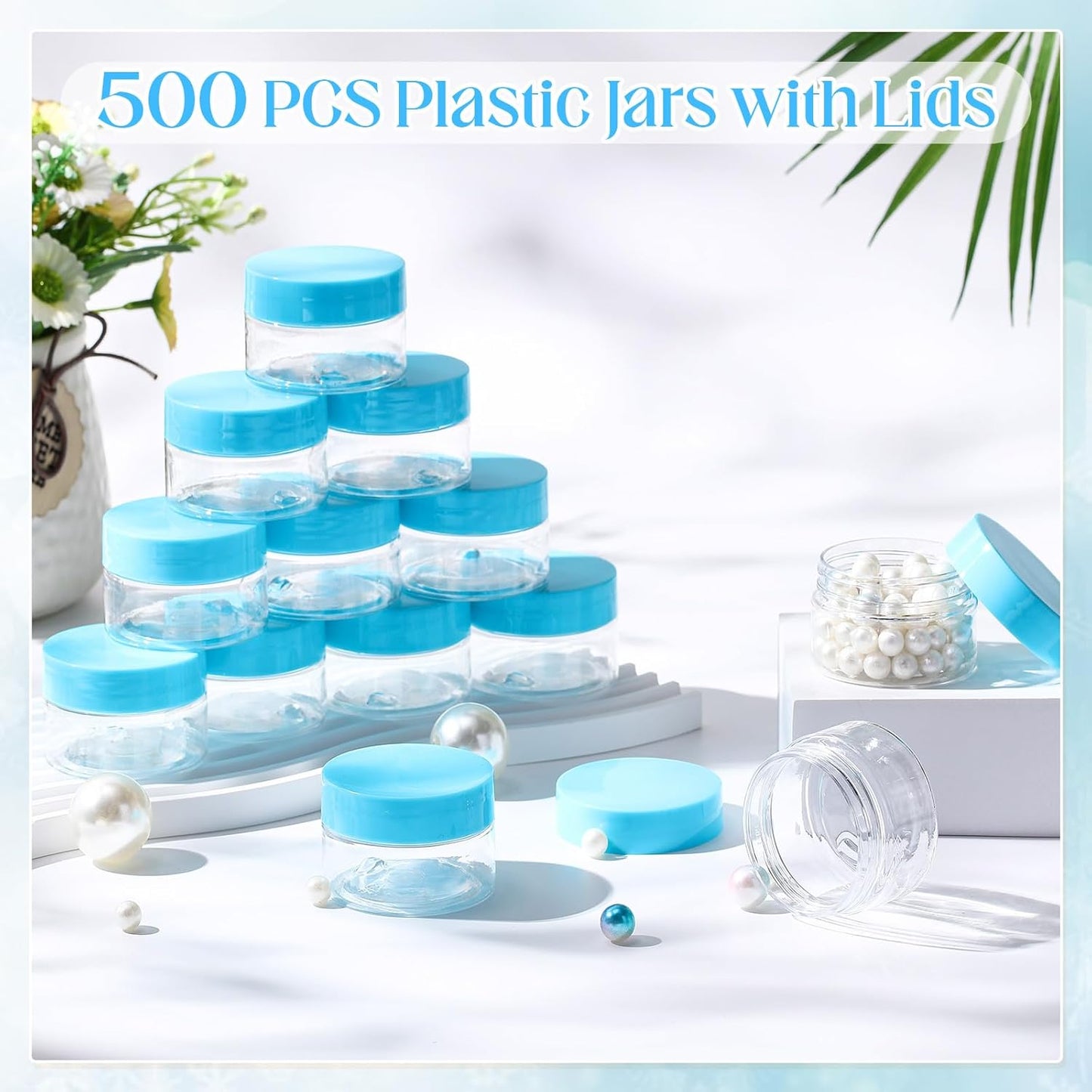 SATINIOR 100 Pcs Plastic Jars with Lids Small Containers Lids Wide Mouth Small Plastic Containers for Lotion Cream Rhinestones Body Butters Travel Storage(2 oz,Blue)