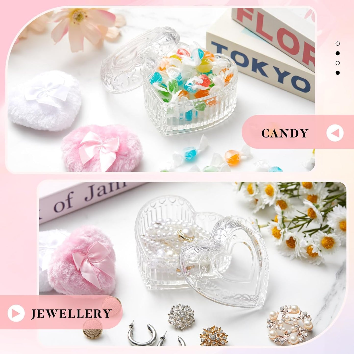 Tioncy 3 Pcs Large Body Powder Puff and Powder Container with Puff Crystal Container Soft Washable Reusable Velour Face Body Glitter Wet Dry Makeup Heart (Clear)