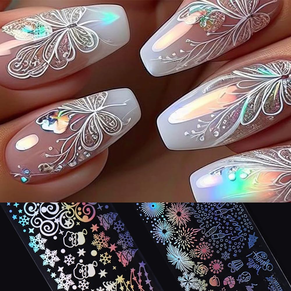 Christmas Nail Art Foils Transfer Stickers 10Rolls Laser Snowflake Nail Foils Adhesive Decals Nail Art Supplies Crystal Ball Xmas Tree Snowman Fireworks Deer Starry Sky Paper for Women Nail Decoration