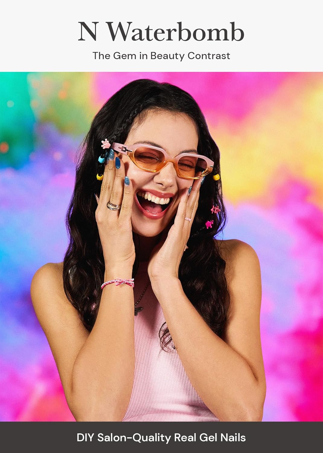 ohora Semi Cured Gel Nail Strips (N Waterbomb) - Blue, Glitter, Works with Any UV/LED Lamps, Salon-Quality, Long Lasting, Easy to Apply & Remove - Includes 2 Prep Pads, Nail File & Wooden Stick