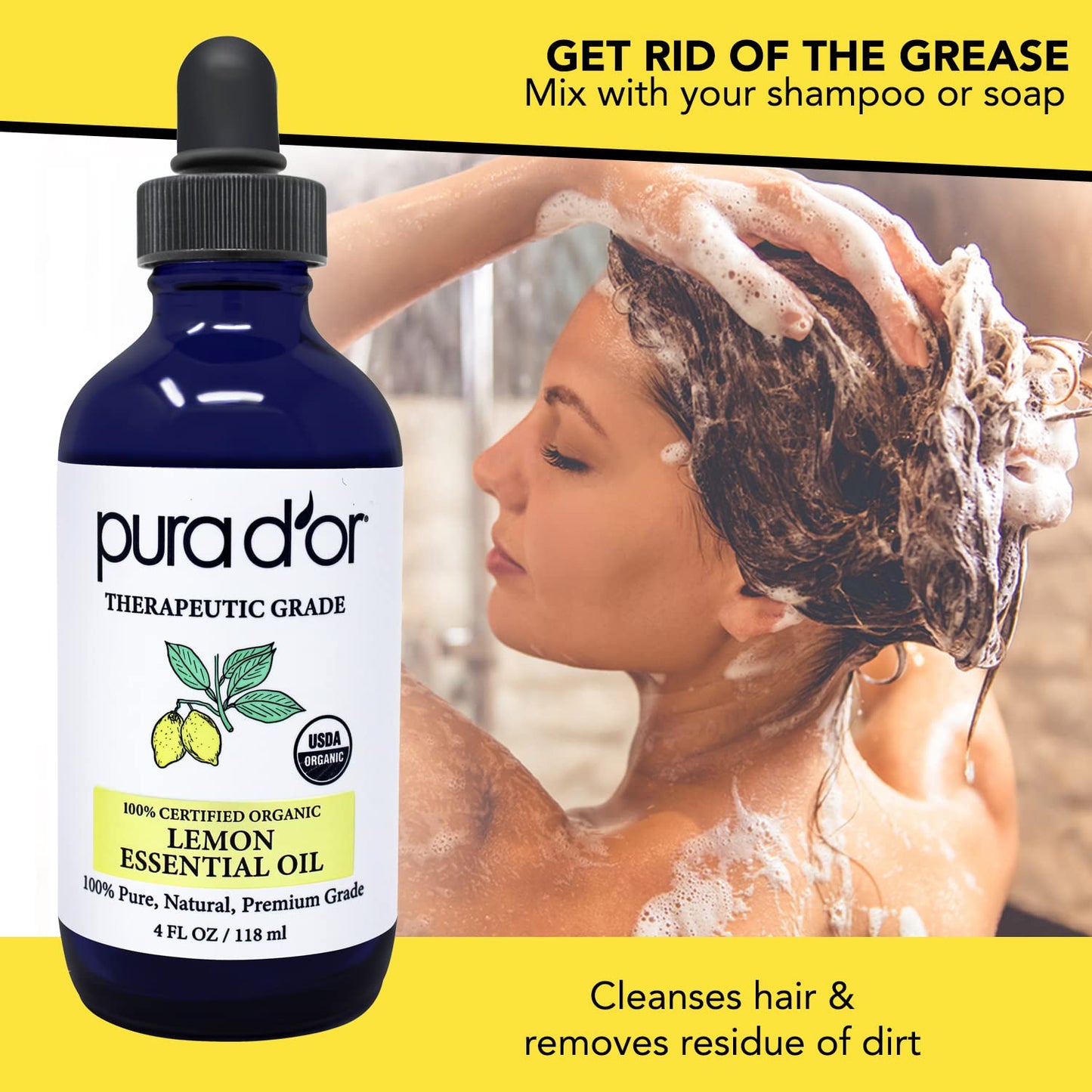 PURA D'OR Organic Lemon Essential Oil (4oz with Glass Dropper) USDA Certified 100% Pure & Natural Therapeutic Grade Diffuser Oil Citrus Scented for Aromatherapy, Mood Uplift, Energy, Focus