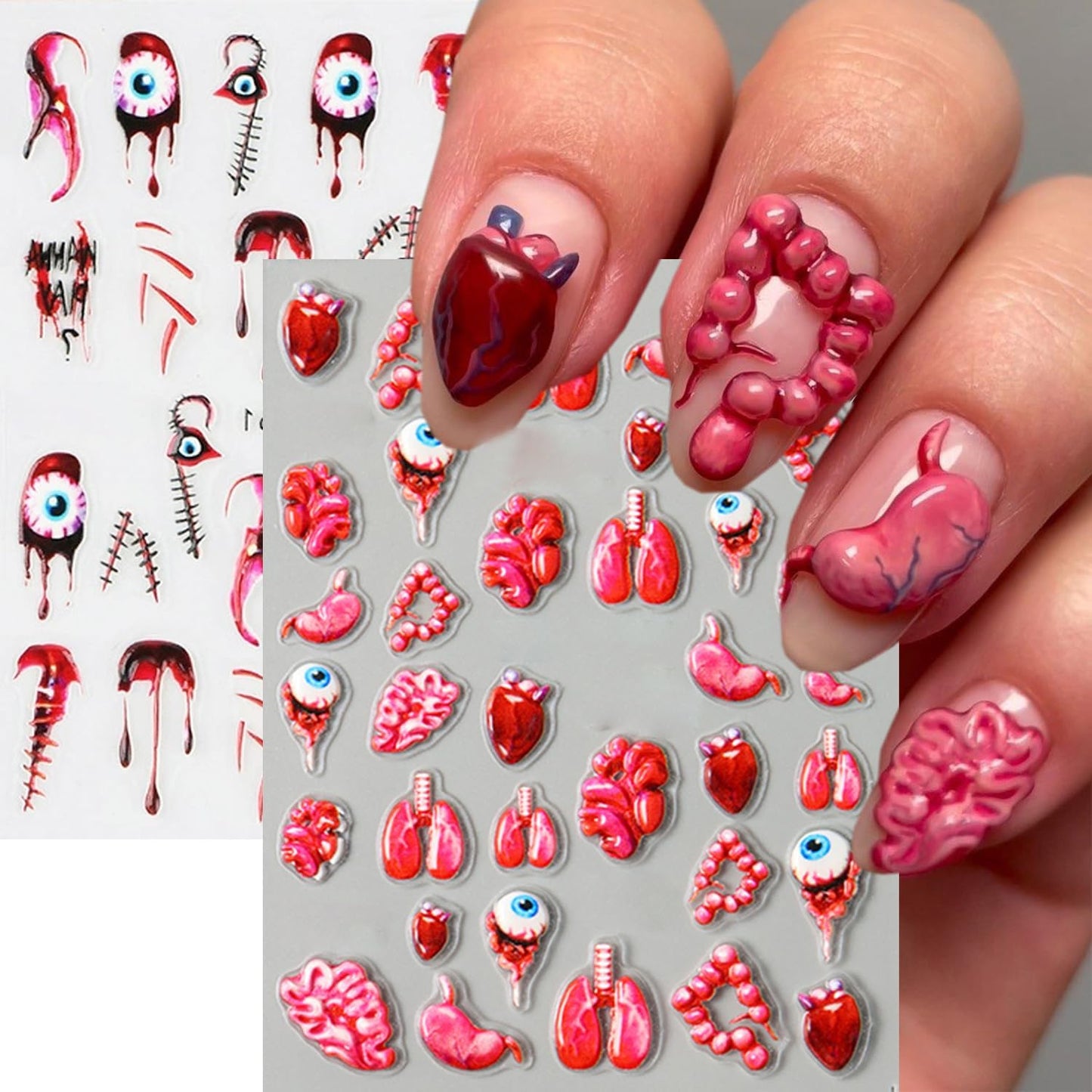 2 Sheets Halloween Horror Nail Art Stickers 5D Embossed Blood Eyes Wounds Pattern Nail Stickers Gothic Horror Day of Death Design Nail Sticker for Women Holiday DIY Manicure Decoration