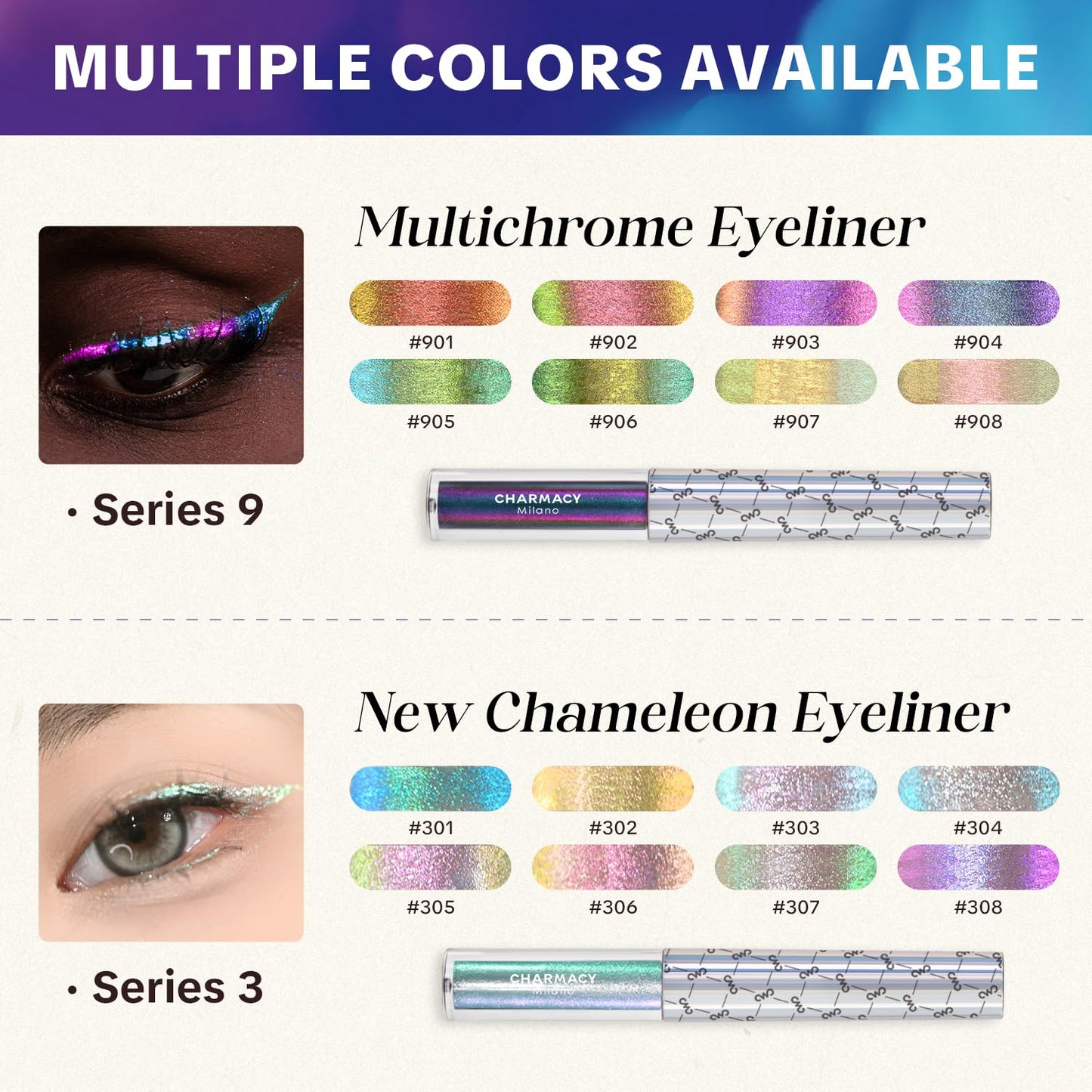CHARMACY Chameleon Liquid Glitter Eyeliner - Highly Pigmented, Metallic MultiColor Shifting, Waterproof, Ultra-Fine Tip, Longwearing, Smudge-proof (#303)