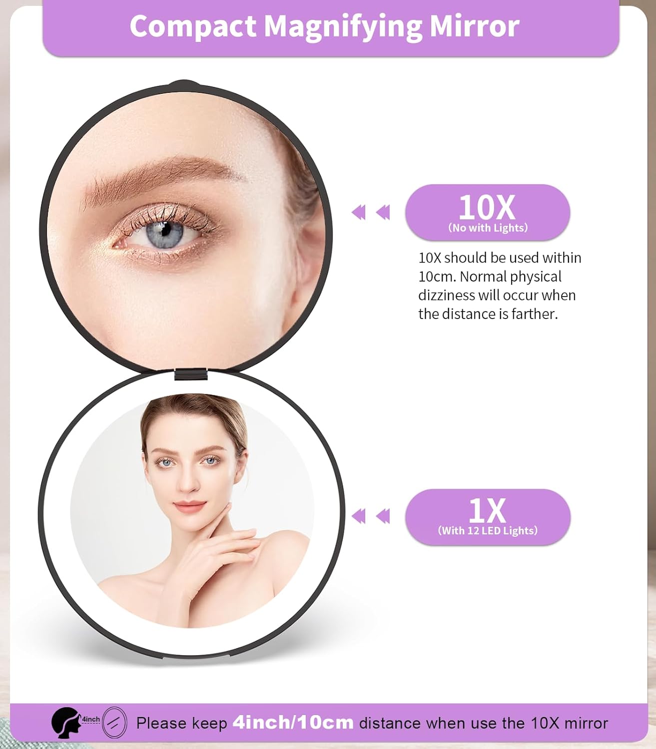 WOBSION Travel Compact Mirror,Portable 1x/10x LED Makeup Mirror with Magnification,Handheld 2-Sided Pocket Mirror, 3.5in Small Mirror for Purse,Handbag,Gift,Cyan&Black,2 Pack