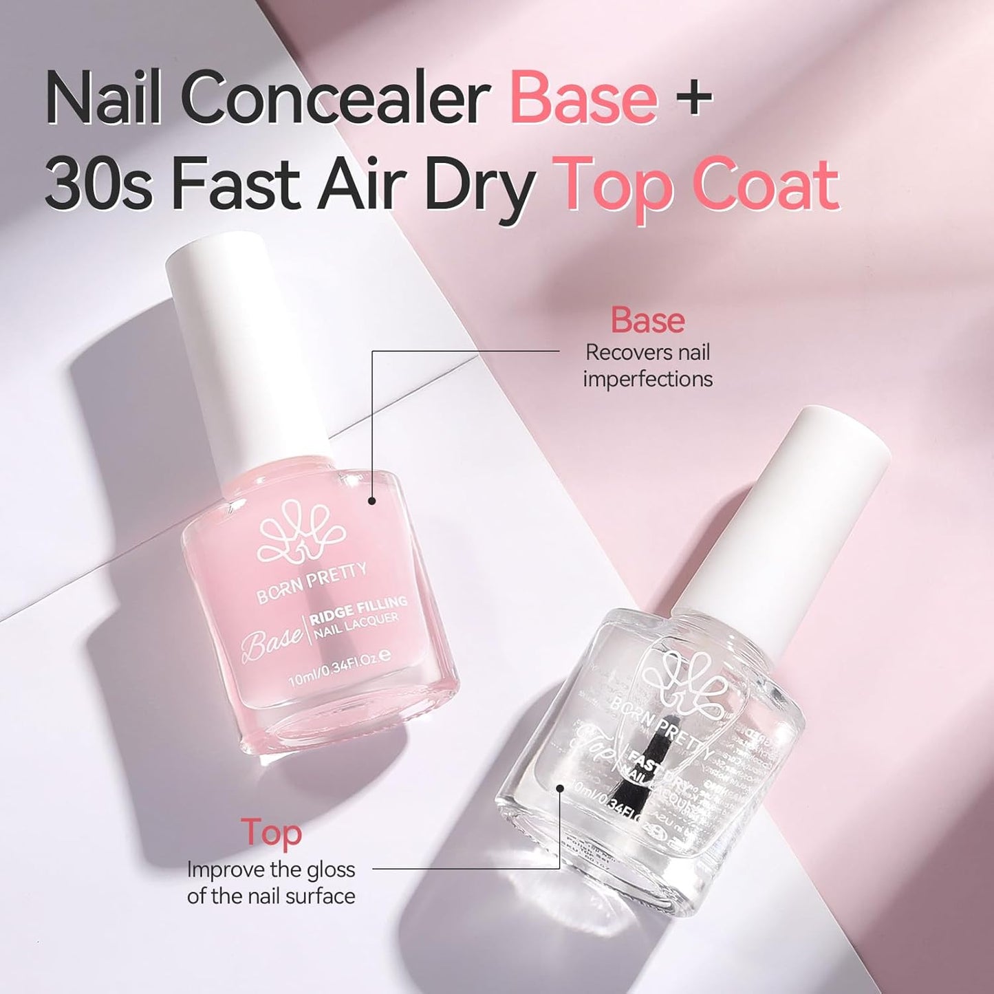 Born Pretty Clear Nail Polish Base and Top Coat Set 2 PCS High Shine Glossy Finish Quick-Dry No U V Needed Low Odor Natural Compatible with Nail Lacquer DIY Salon 0.34 fl oz Each