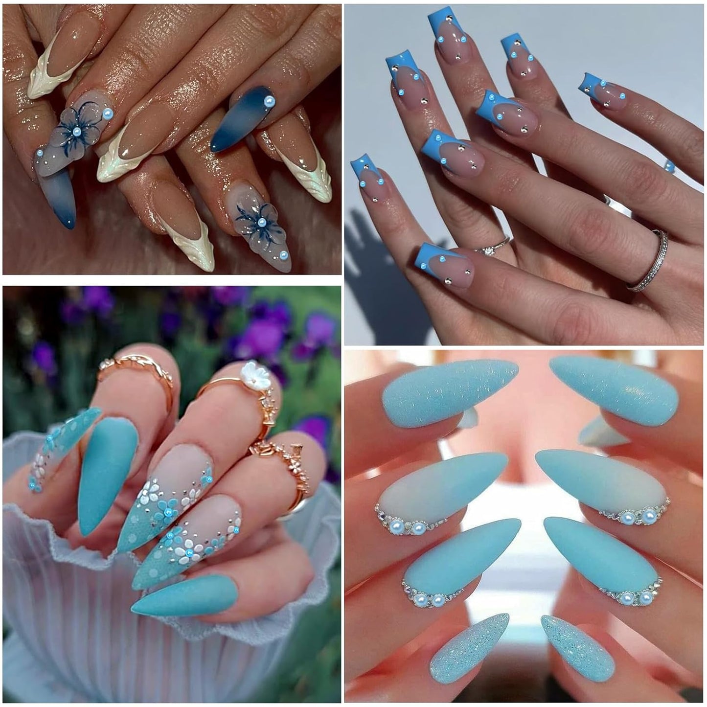 Nail Art Pearls with Rhinestones Glue Gel Flatback Pearls Nail Charms Luxurious Nails Supplies Accessories Gold Silver Gems Jewelry Pearl for Women Nails Design(Blue)