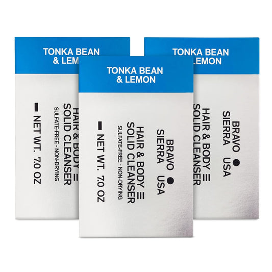 Bravo Sierra Tonka Bean & Lemon Body Bar, 3-Pack - All-In-One Multifunctional Cleanser with Coconut, Shea Butter & Oat Flour for Face, Hair, Body & Healthy Hair, 7 oz