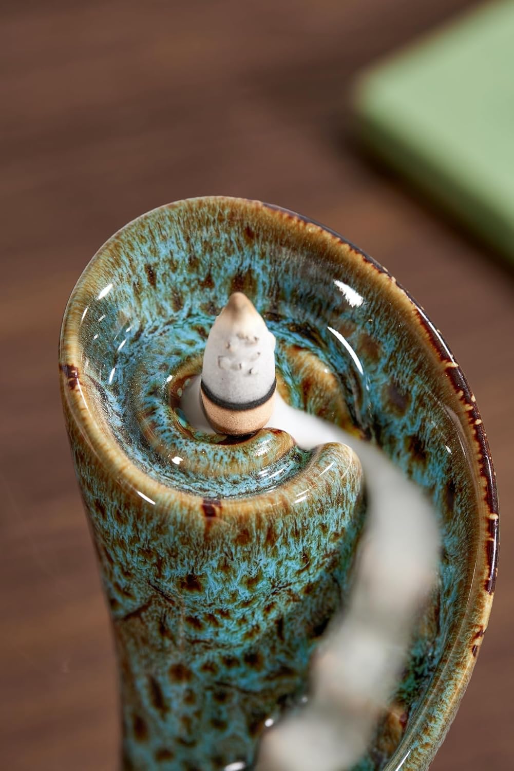 Unique Cloud Stairs Ceramic Waterfall Incense Holder, Paired with a Pack of Backflow Incense Cones. (Fambe Blue)