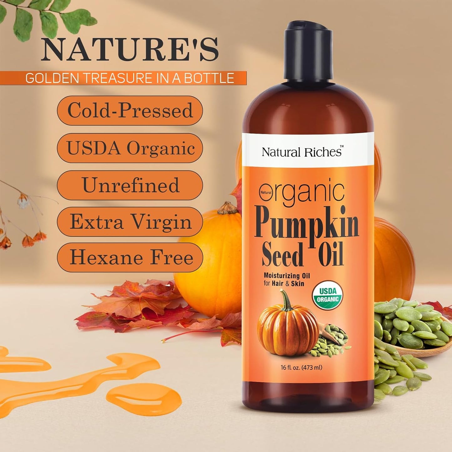Natural Riches Pumpkin Seed Oil USDA Certified Organic Moisturizer 16oz Pure and Natural Carrier Oil Unrefined, Cold Pressed, Face, Hair, Body & Skin Care Eyelashes,