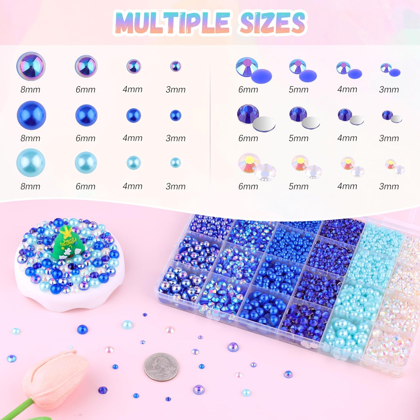 9000Pcs Flatback Pearls and Rhinestones for Crafting, Blue Series Mixed Size 3-8mm Resin Rhinestones and Half Pearls for Bedazzling, Nail Art with Tweezers and Pickup Pencil