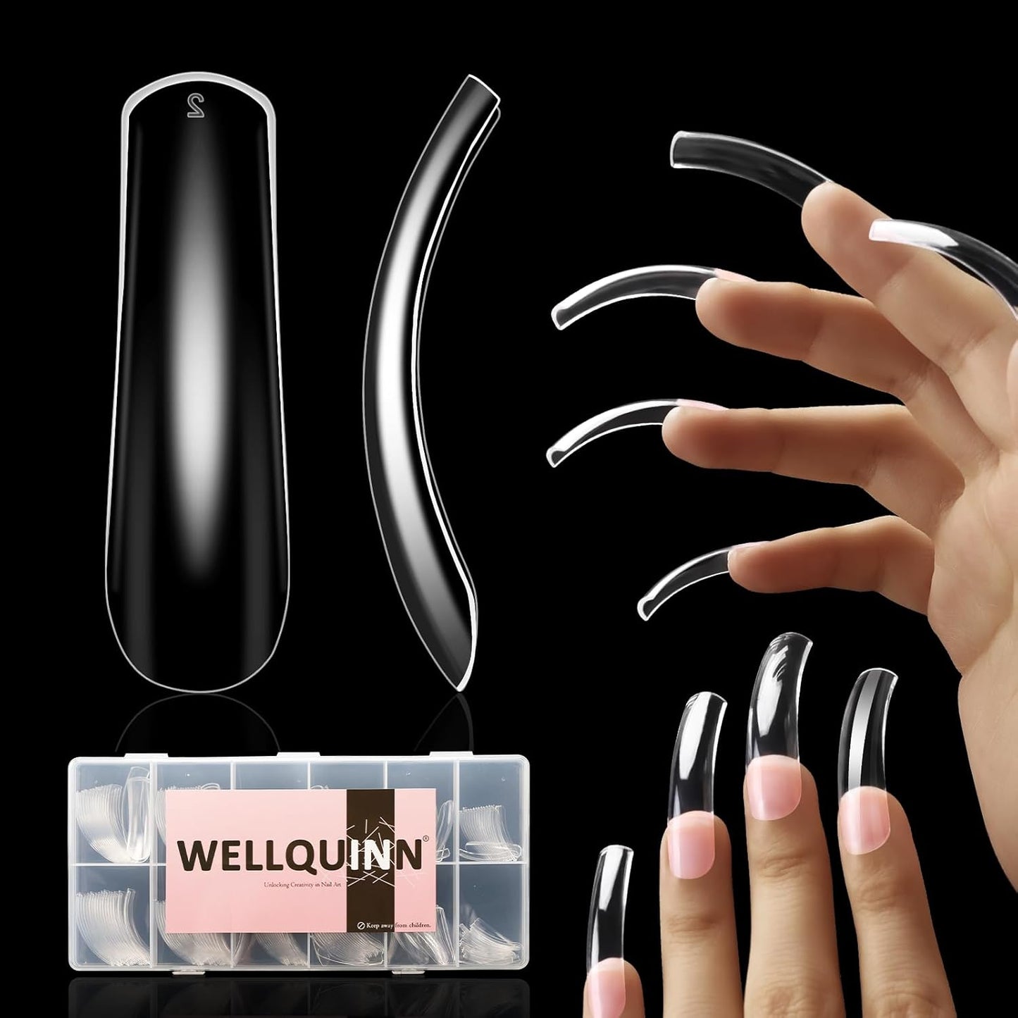 Curved Square Nail Tips Full Cover Nails XXL Clear Press on Extra Curve Long Acrylic False Nails for Nail Extension 240Pcs 12 Sizes Q53