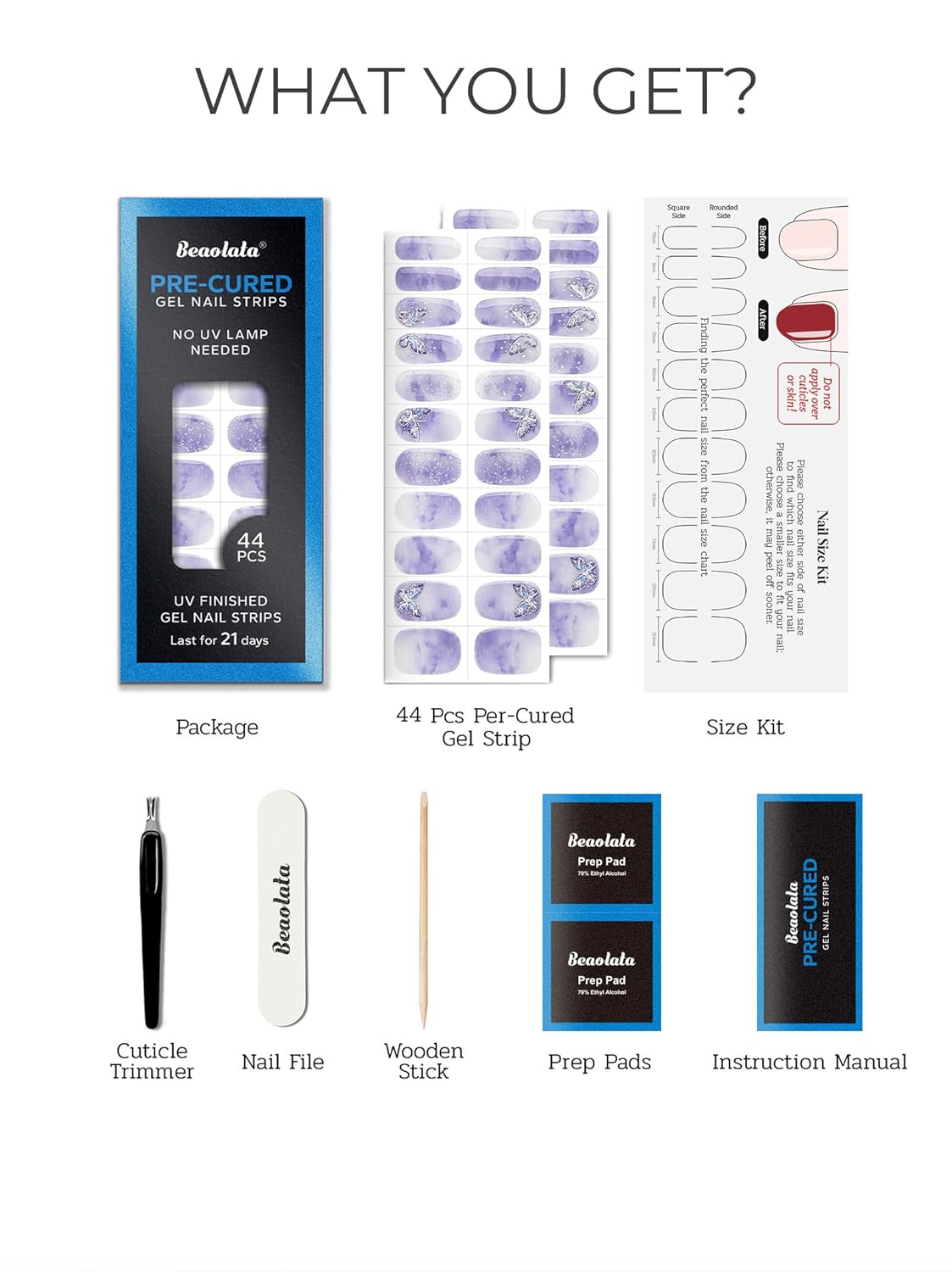 Pre Cured Gel Nail Strips - 44PCS Salon Quality Gel Nail Stickers - Long Lasting Polish Wraps for Women no UV Light Needed Easy Apply& Remove (Dreamy Purple）