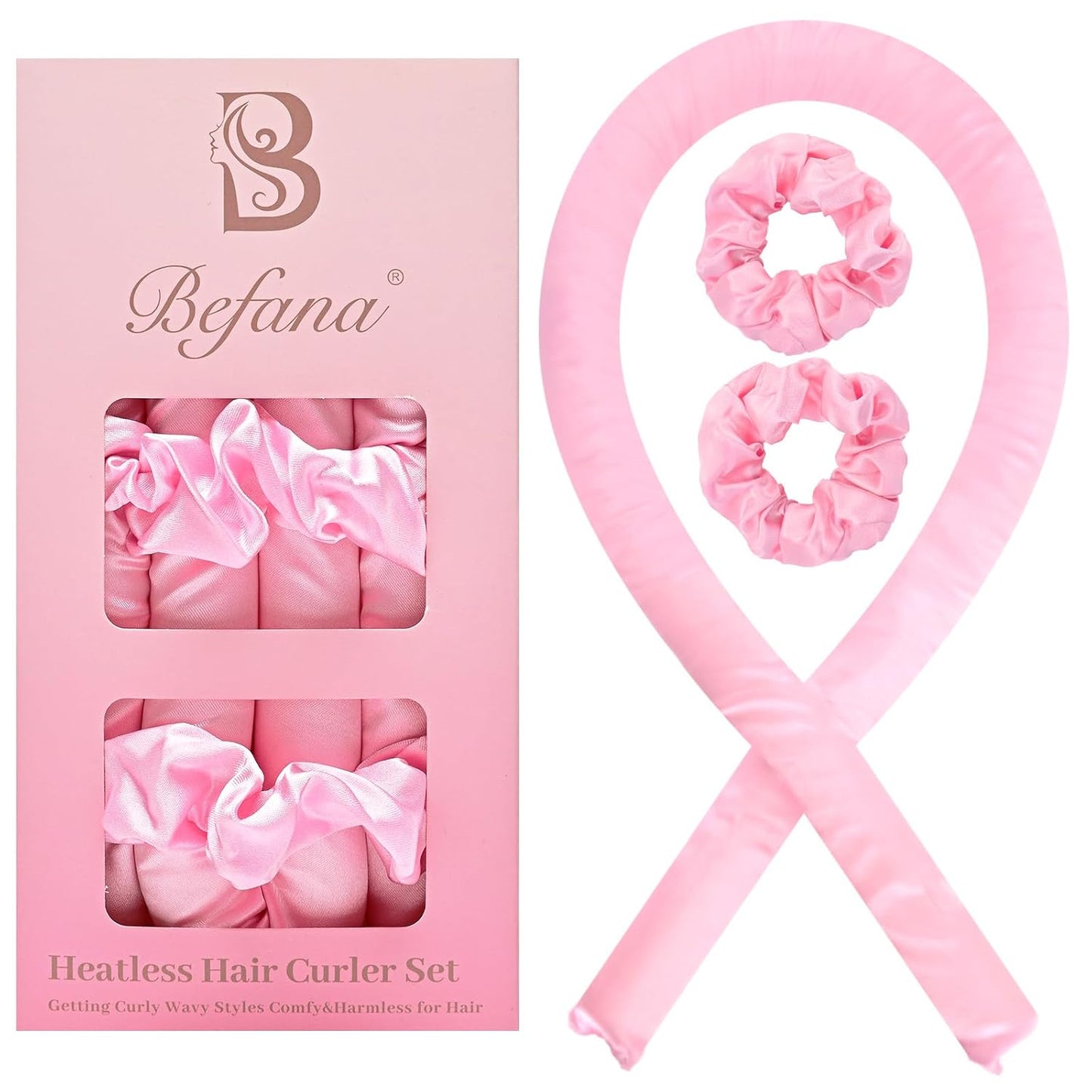 Satin Heatless Curling Set,Overnight Curls Hair Rollers with Hair Scrunchies,Sleep-Friendly Damage-Free Curlers for Soft Natural Waves (Pink)