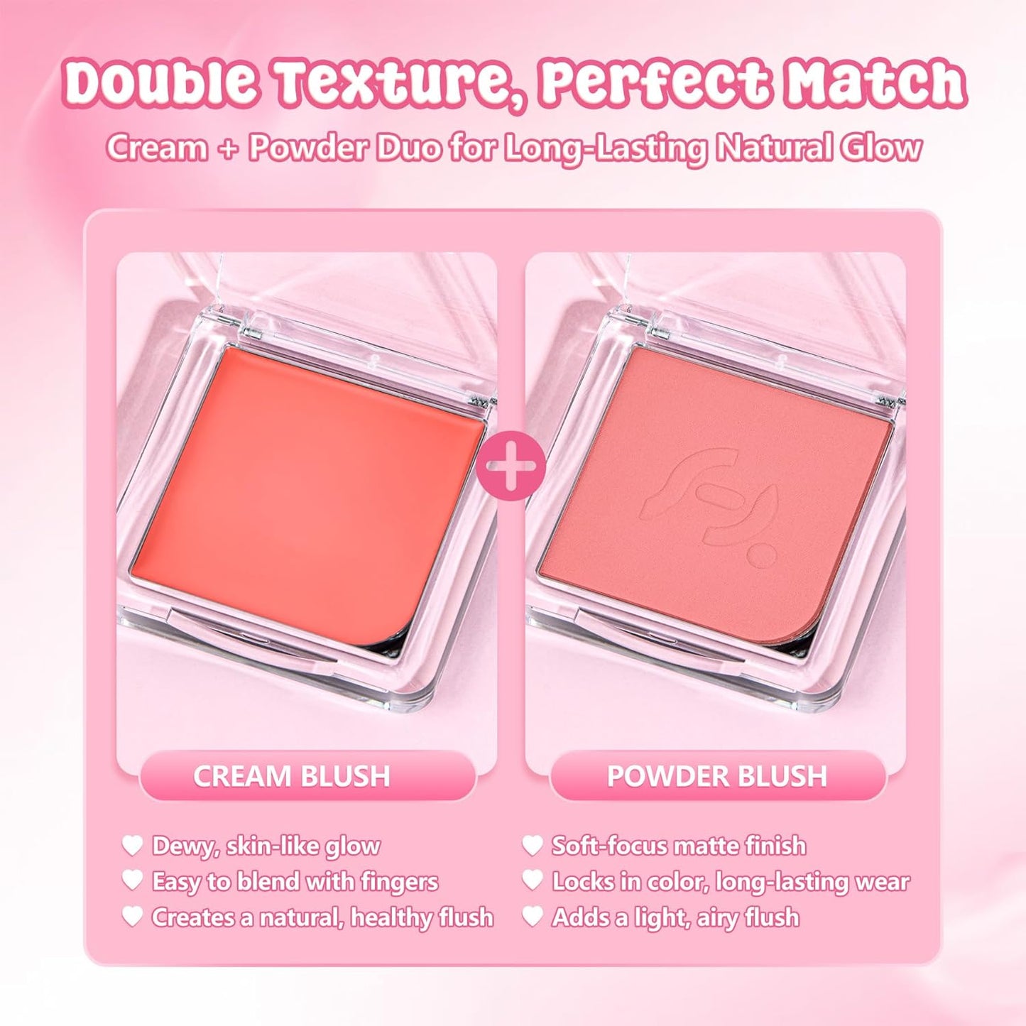 Blush Palette Duo – Cream & Powder Blush Set in Pink, Long-Wearing & Moisturizing, Easy to Blend,Radiant Coverage for Cheeks, Eyes & Lips, Magnetic Makeup Palette Compatible (2-Pack, Coral Kiss)