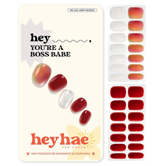Semi Cured Gel Nail Strips | No LED Lamp Needed | Marble, Red | Easy Apply & Remove, Salon Quality | Includes 28 Strips, 1 Prep Pads, Nail File & Wooden Stick - Hey, You're a Boss Babe