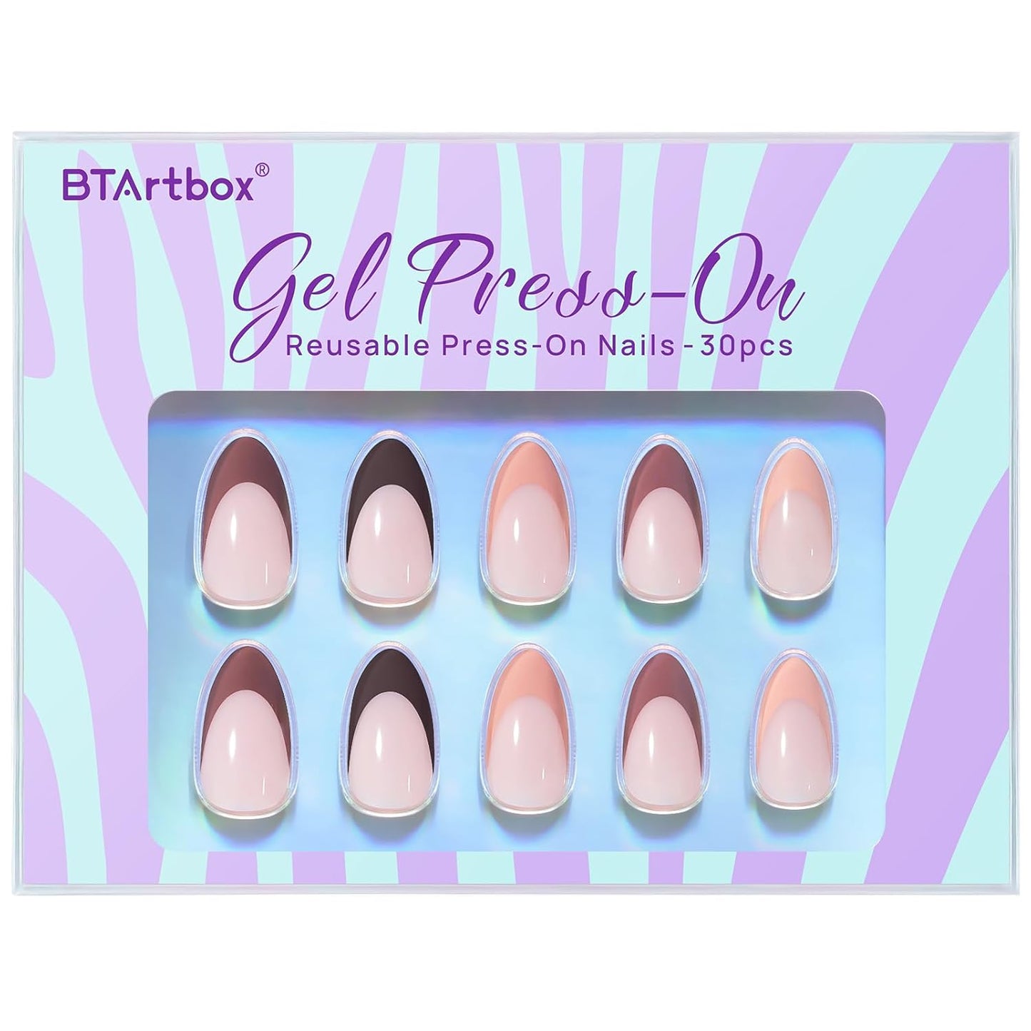 BTArtbox French Tip Press On Nails, Short Almond Supremely Fit & Natural Glue On Nails with Nail Glue, Reusable Stick On Nails in 16 Sizes - 30 Soft Gel Fake Nails Kit, Morning Coffee