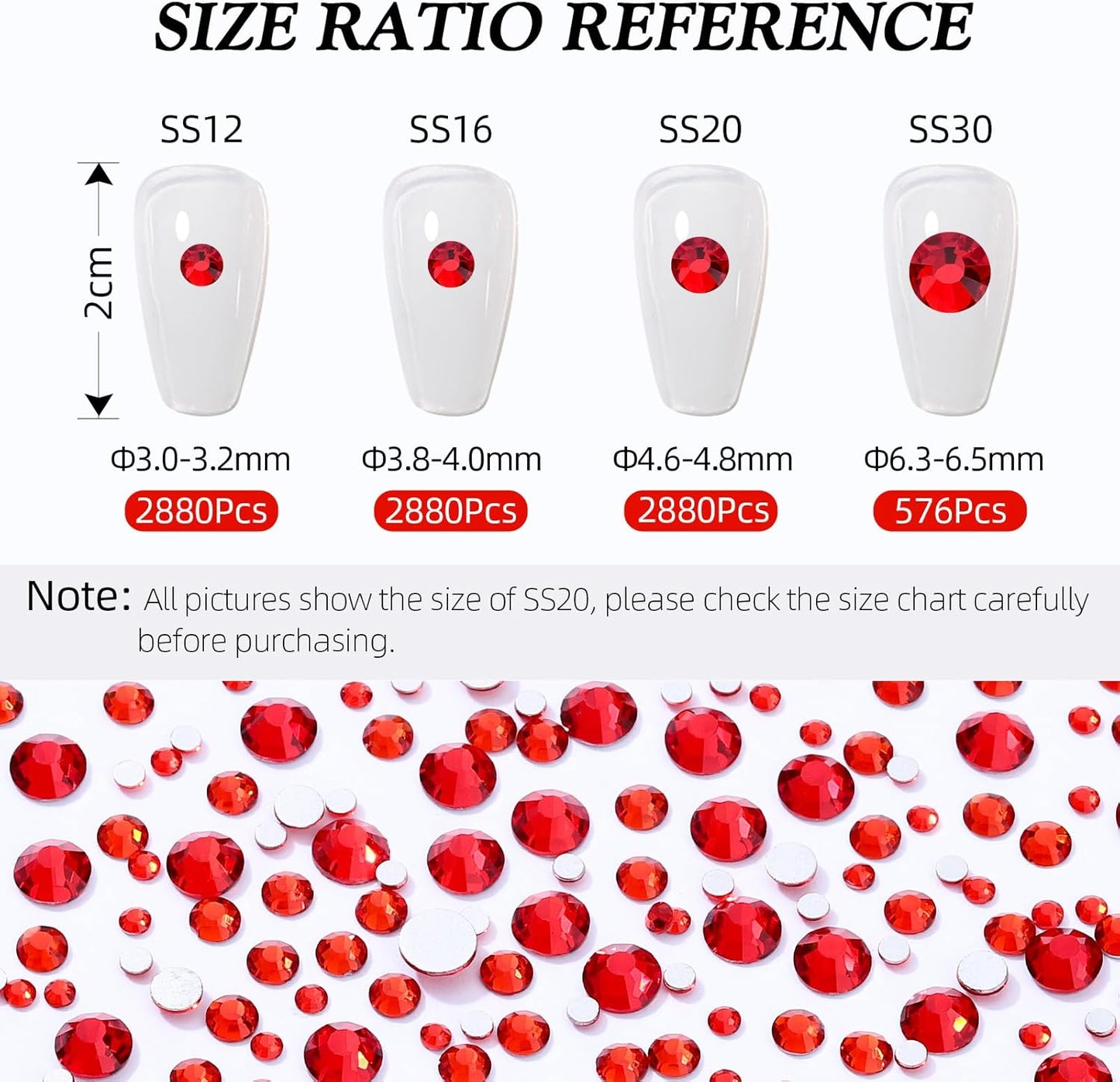 Red Flatback Rhinestones, Glass Rhinestones for Nail Art and Craft, Glue Fix, Loose Crystal Gemstones(Red, SS20, 2880pcs, 4.6-4.8mm)