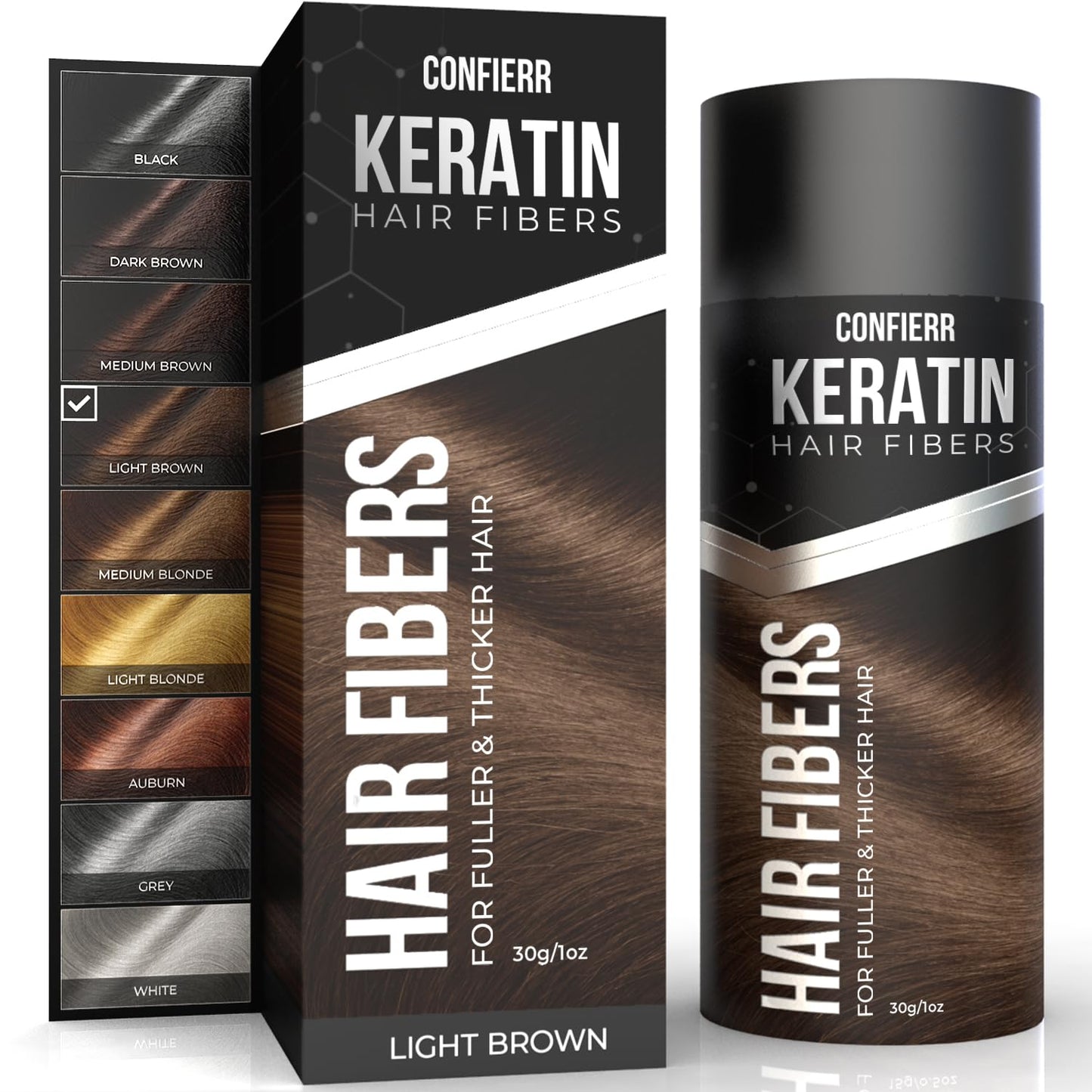 Keratin Hair Fibers for Men & Women - Fill In Fine or Thinning Hair, Instantly Thicker, Fuller Looking Hair (Light Brown 30g)
