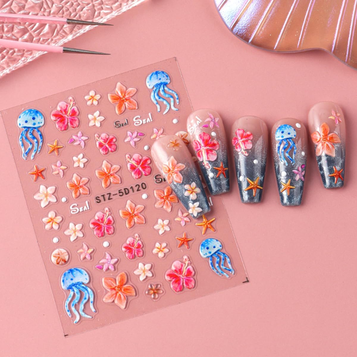 Summer Nail Art Stickers Decals Starfish Jellyfish Flower Nail Stickers Self Adhesive Nail Design 5D Embossed Nail Decals Ocean Theme Summer Manicure Sliders Accessories for Women DIY Nails Decoration