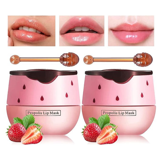 Honey Lip Balm Pot, Propolis Lip Mask, Strawberry Hydrating Propolis Lip Sleeping Mask, Prevent Dry&Cracked, Lip Repair Nourishes the Lip Skin (2pcs Strawberry)