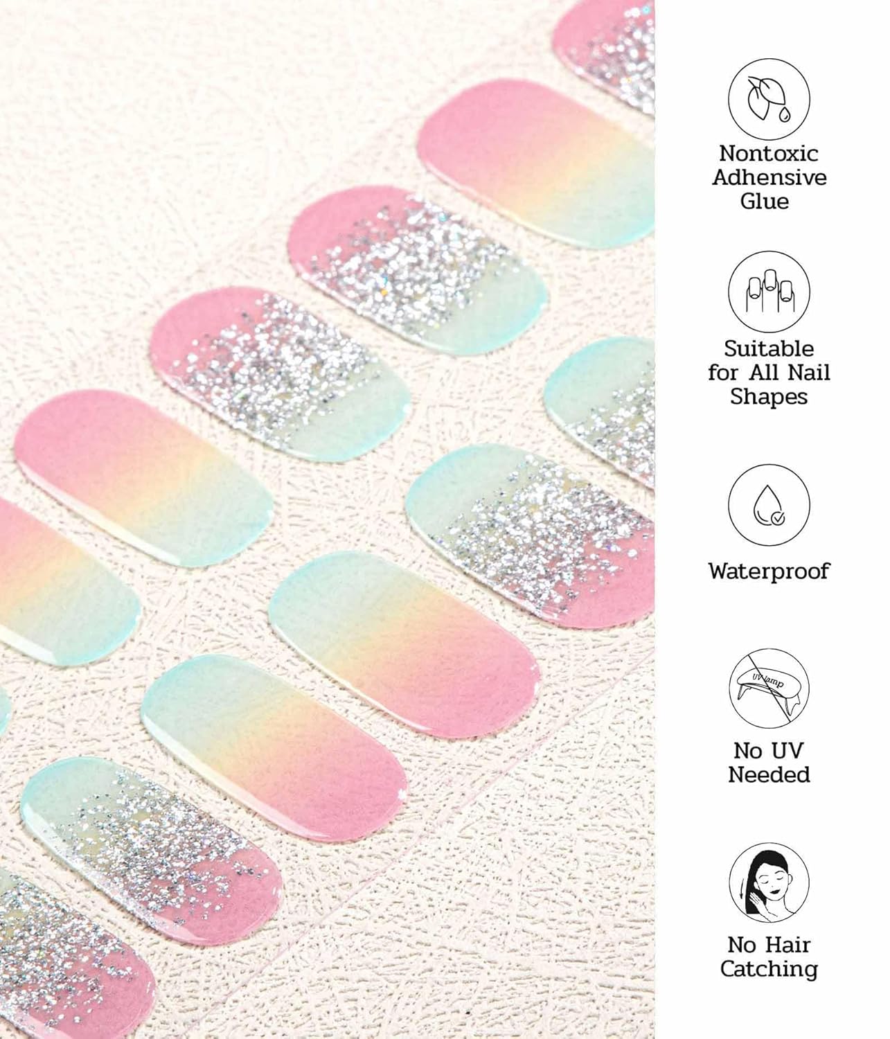 Nail Polish Strips - 22 Pcs Salon Quality Gel Nail Stickers - Long Lasting Wraps (Rainbow Basket Blue&Yellow)