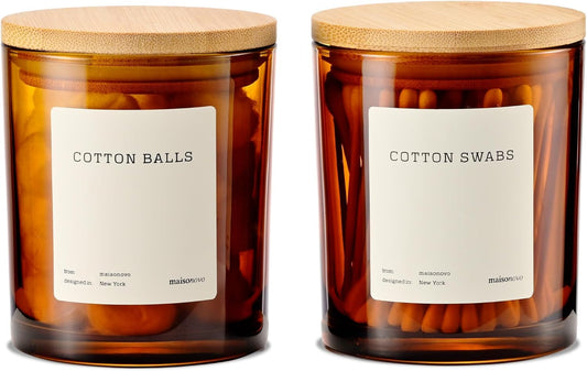 MaisoNovo Qtip Holder Bathroom Set – Airtight Cotton Ball Holder with Lid to Store Cotton Rounds, Swabs, Floss Picks, Hair Ties with free labels pack - 2 Amber Jars with Bamboo Lids
