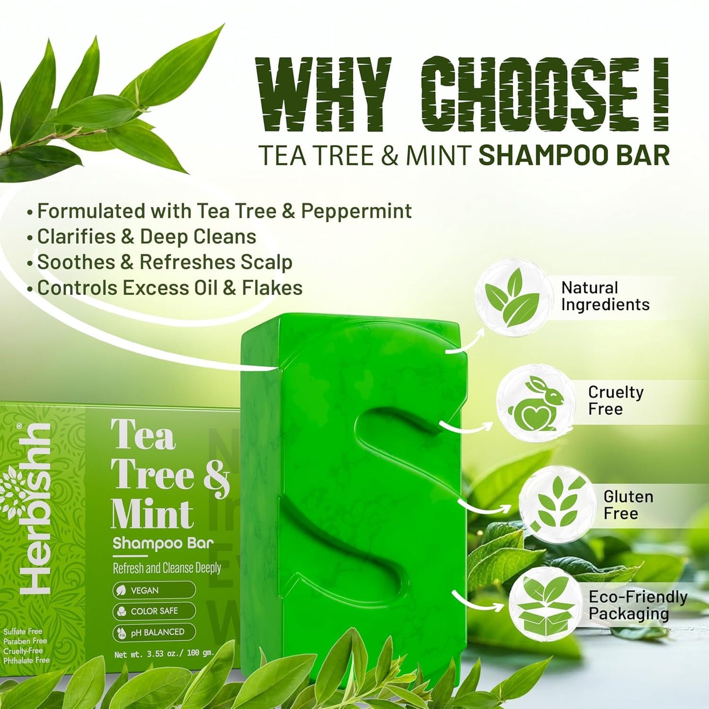 Herbishh Tea Tree & Mint Shampoo Bar – Tea Tree Oil Soap Bar for Oily Hair & Scalp Cleanse – Solid Travel Size Shampoo for Men & Women – Minty Deep Cleansing, 3.53 oz pk of 3