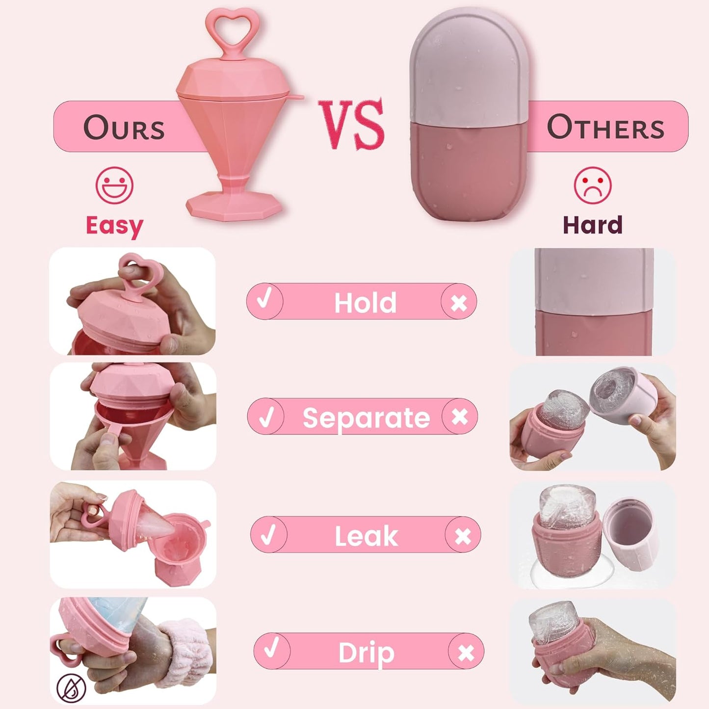 Rena Chris Ice Roller for Face: Diamond Ice Facial Roller, Reach Detailed Areas, De-Puff Eye Bags, Reusable Silicone Massage Ice Mold with Face Wash Wristband, Skin Care Tools for Women(Pink)