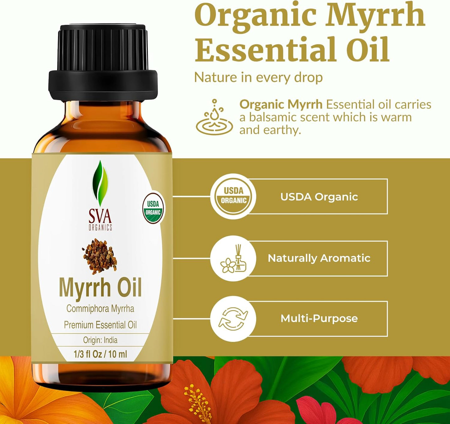 SVA Myrrh Essential Oil Organic – 1/3 Fl Oz – 100% Natural Organic Myrrh Oil - for Diffuser, Hair Care, Face, Skin Care, Aromatherapy, Scalp and Body Massage, Soap and Candle Making