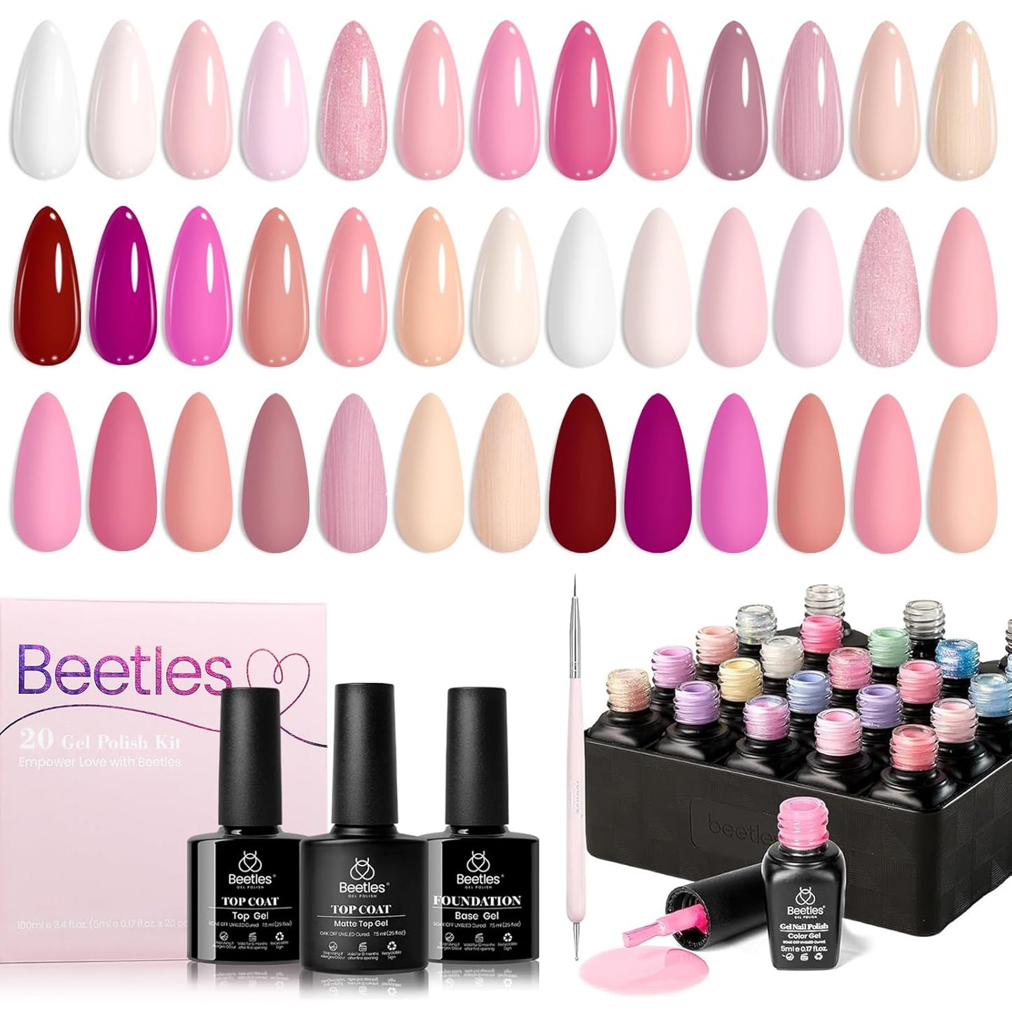 Beetles Pink Gel Nail Polish – Dare to Bare Gel Polish Set, 20 Color Soak off Uv Led Manicure Kit with 3Pcs Base Coat Matte Glossy for DIY Manicure Gift for Women