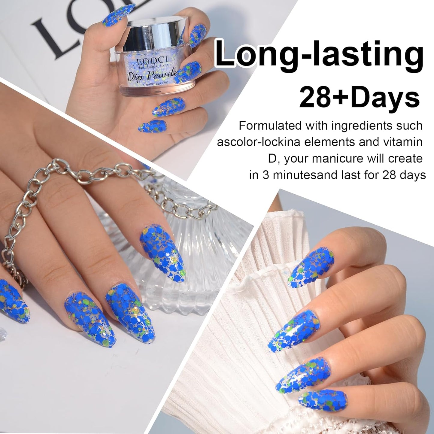 Dopamine Nail Dip Powder - Blue Glitter Hexagon Sequins Paillette Dip Powder Nails - Long-lasting, No UV Light Needed