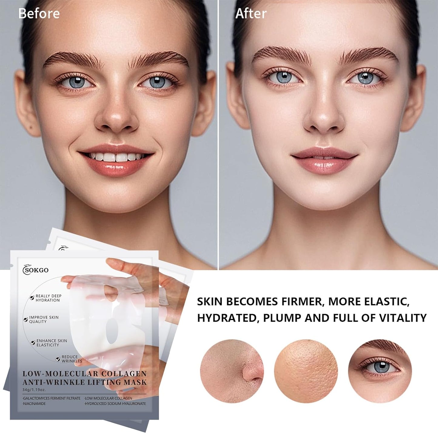 Low Molecular Weight Collagen Overnight Hydrogel Mask, Enhances Skin Elasticity, Reduces Pores, Transforms from White to Transparent Upon Absorption Skin Care Treatment.