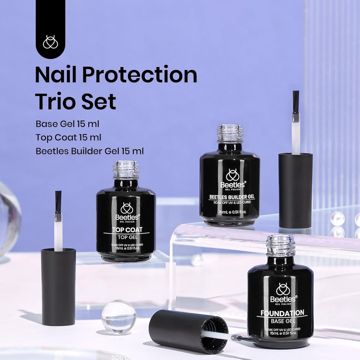Beetles 3Pcs 15ml Builder Nails Gel with No Wipe Top Coat and Base Coat Set, Nail Extension Strengthening Nail for UV LED Lamp, Soak Off Gel Nail Polish for Nail Art