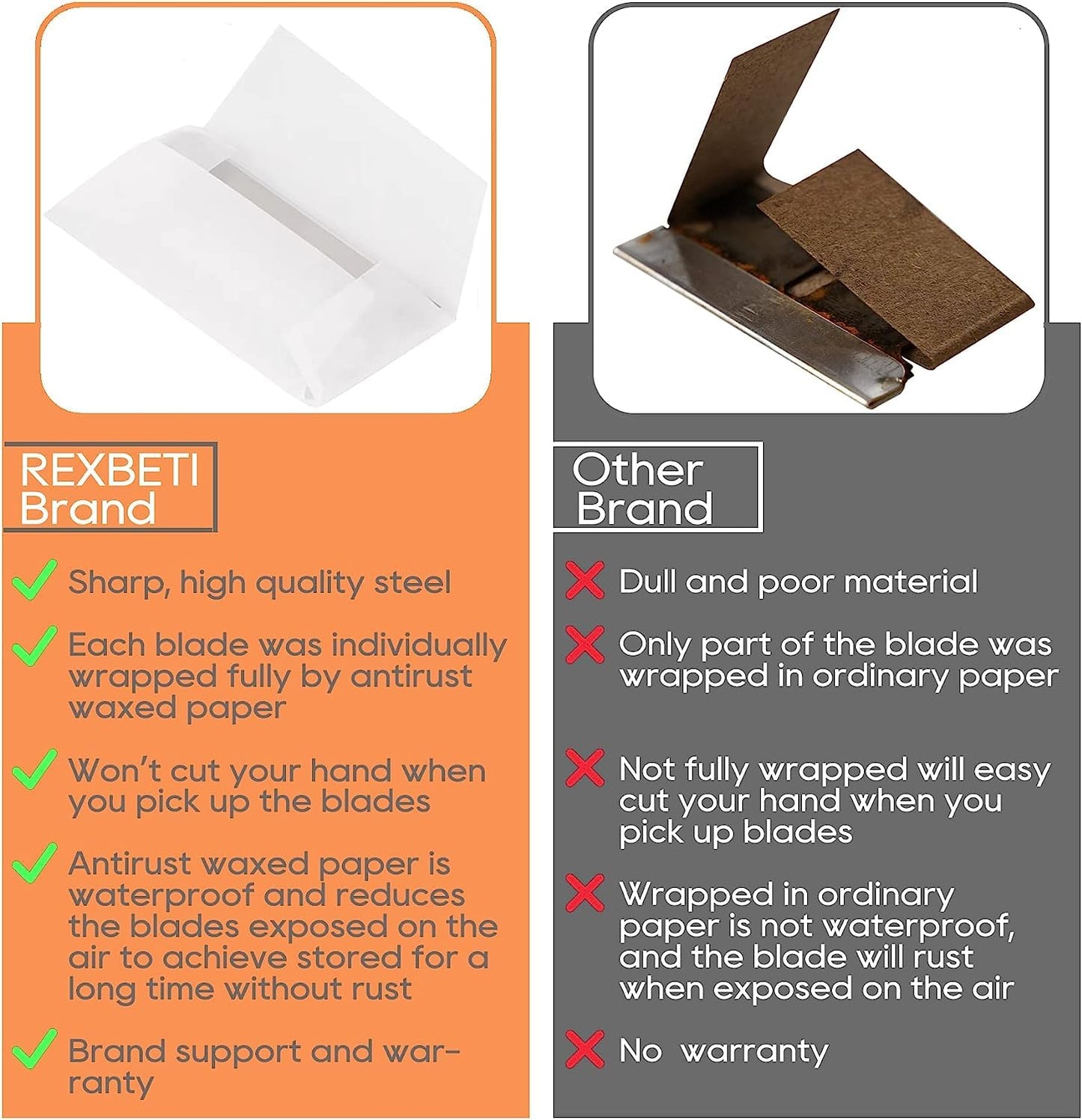 REXBETI 800PCS Single Edge Razor Blades, Industrial Scraper Razor Blades, Replacement Box Cutter Blades, Suitable for Removing Labels, Decals, Stickers