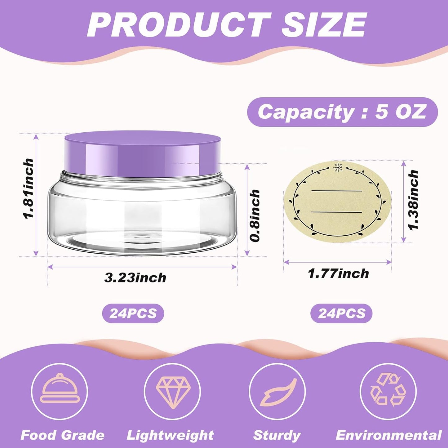 Tessco 24 Pack Plastic Jars with Lids Labels Empty Clear Plastic Jars Round Refillable Cosmetic Containers Body Butter Containers Bulk Sugar Scrub Bottle for Make Up(5 oz,Clear, Purple)