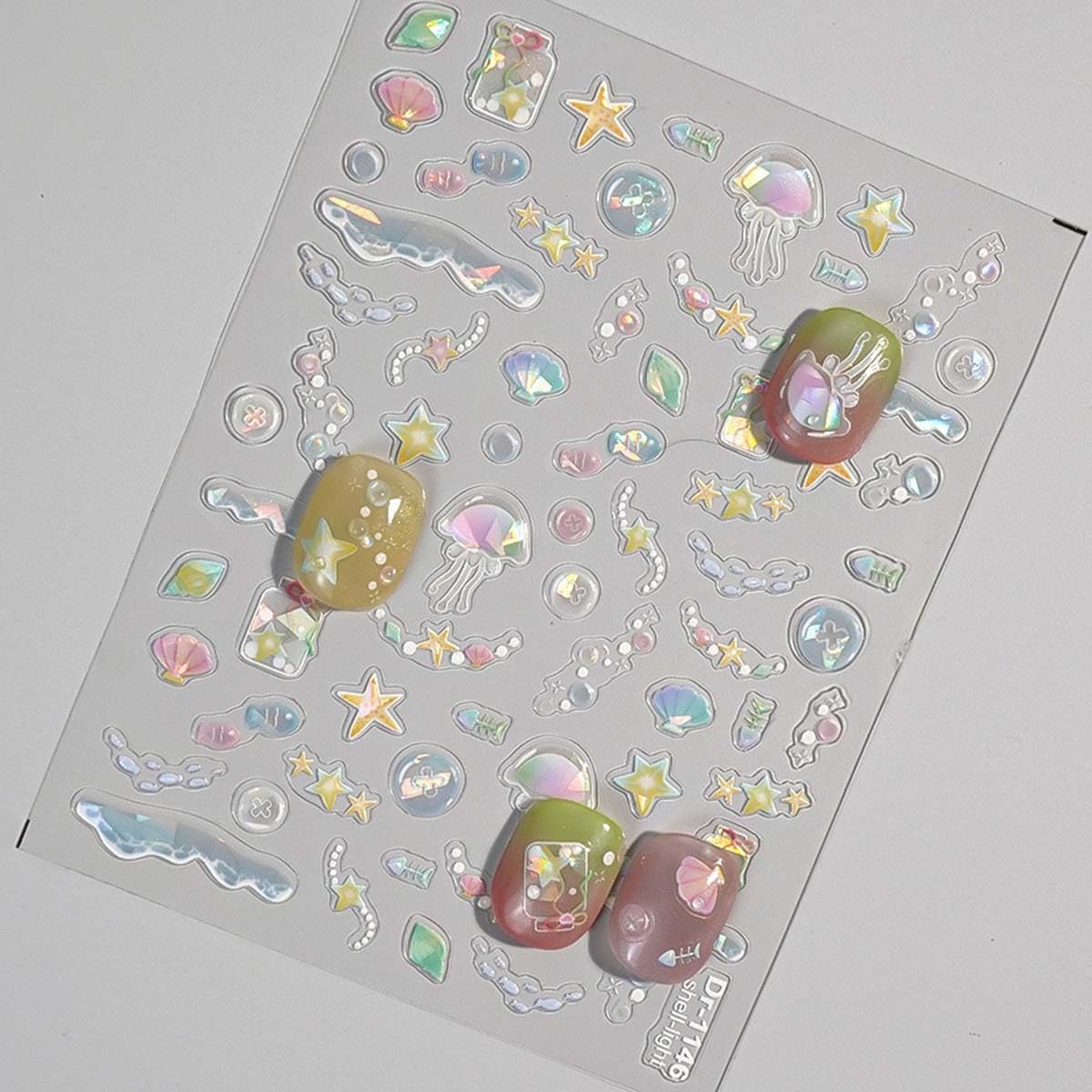 2 Sheet Aurora Nail Art Sticker Summer Nails Decals 3D Adhesive Stickers Jellyfish Shell Starfish Design Cute Nails Art Decals for Women Girls Holiday Manicure Decoration