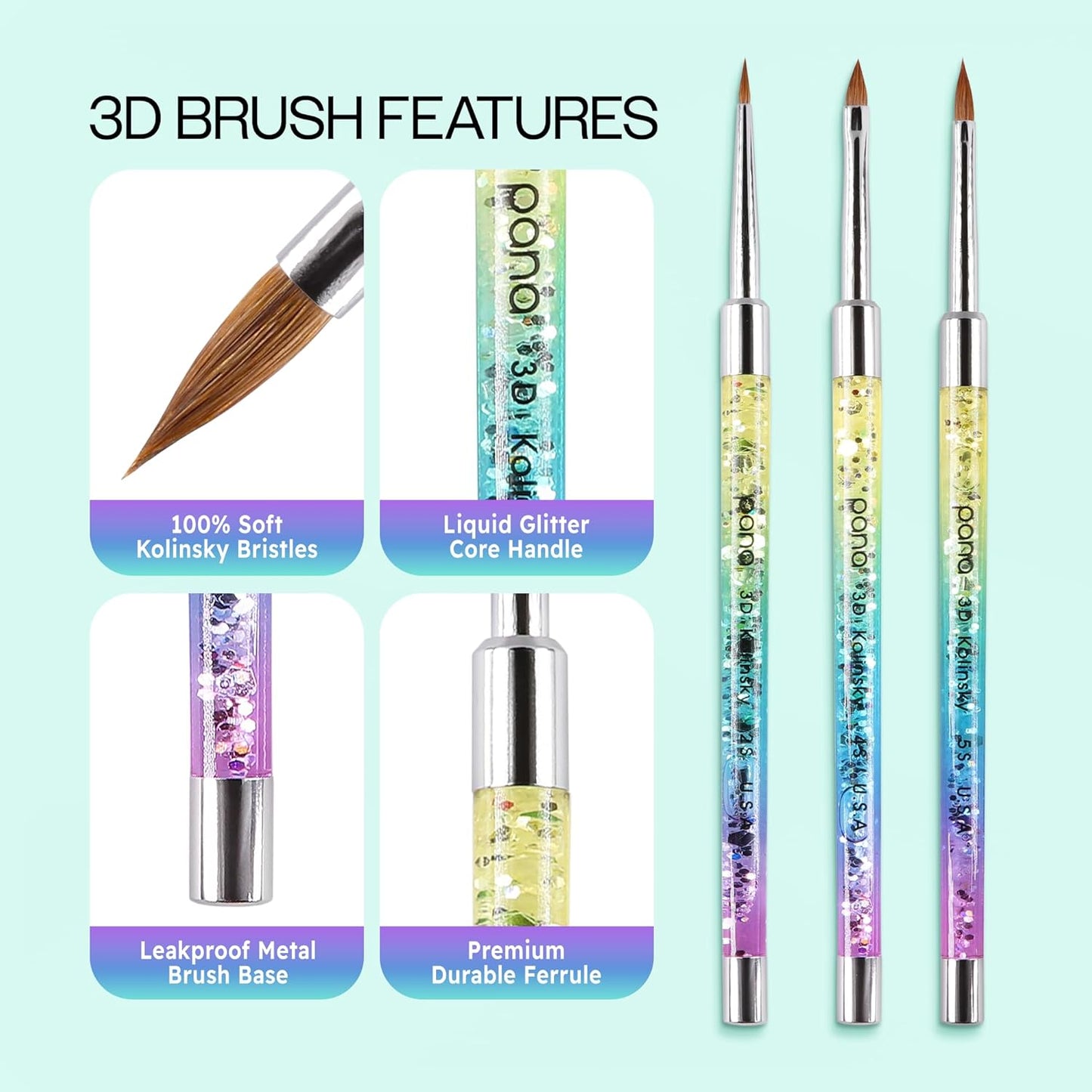 PANA 3D Kolinsky Nail Art Brush - Rainbow Glitter Handle, Size 2 - Acrylic Nail Art Sculpture Brush for Manicures Pedicure Salon Professional or Beginner