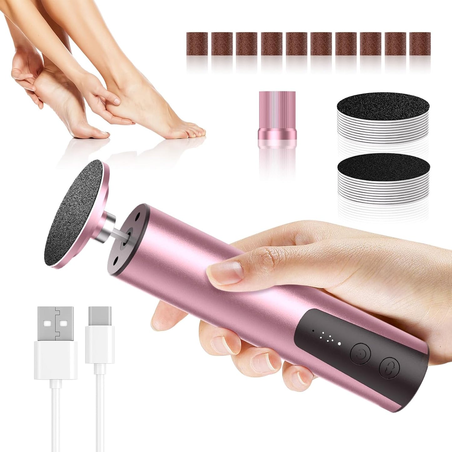 Electric Foot Callus Remover, 6 Speeds 2-in-1 Rechargeable Electric Foot File & Nail Grinder, Callus Remover for Feet Pedicure Tools with Sandpaper Disc for Dead Skin - Pink