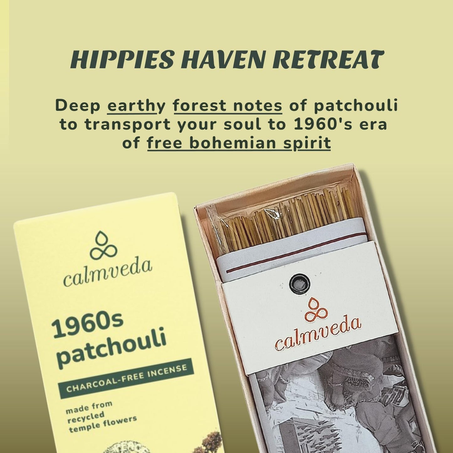 1960s Patchouli Incense Sticks Pack - (80 Sticks) Charcoal Free Incense, Made from Upcycled Flowers | Organic Incense Sticks Non Toxic | Relaxation Pachouli Incense for Calming